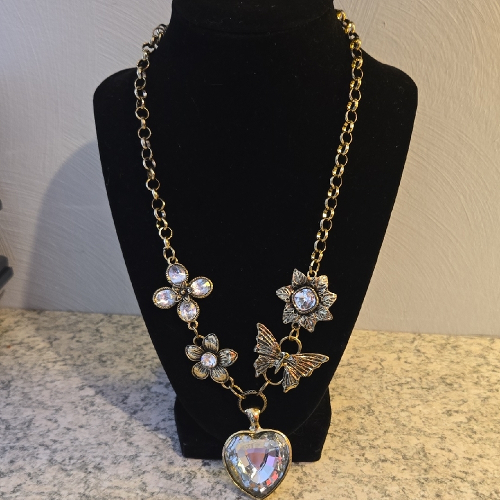 Gold Butterfly, Flowers And Heart Pendant Necklace